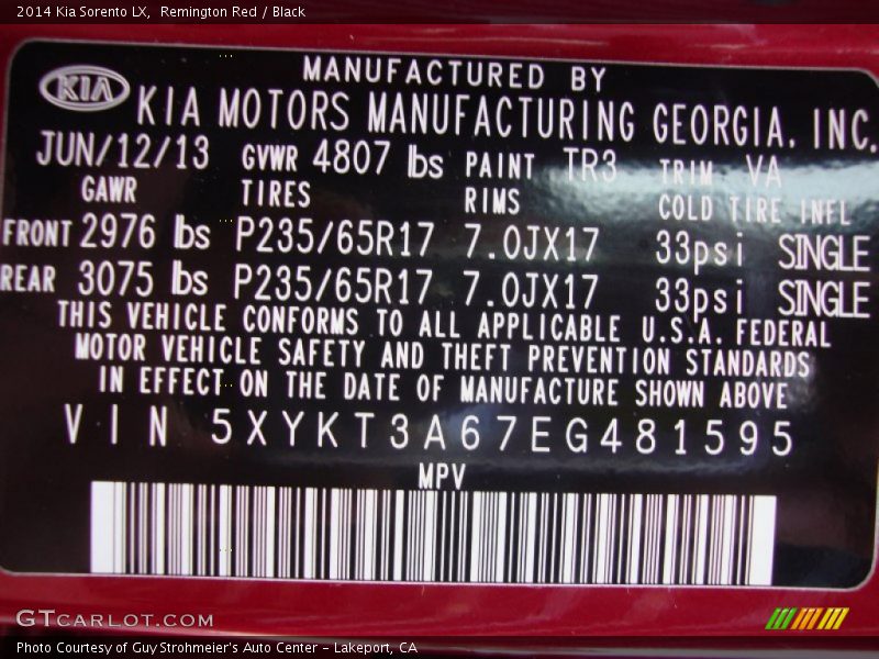 Remington Red / Black 2014 Kia Sorento LX