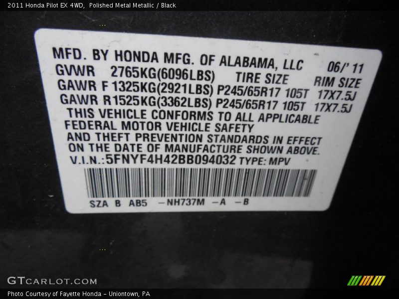Polished Metal Metallic / Black 2011 Honda Pilot EX 4WD