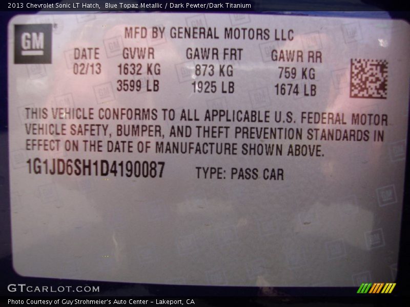 Blue Topaz Metallic / Dark Pewter/Dark Titanium 2013 Chevrolet Sonic LT Hatch