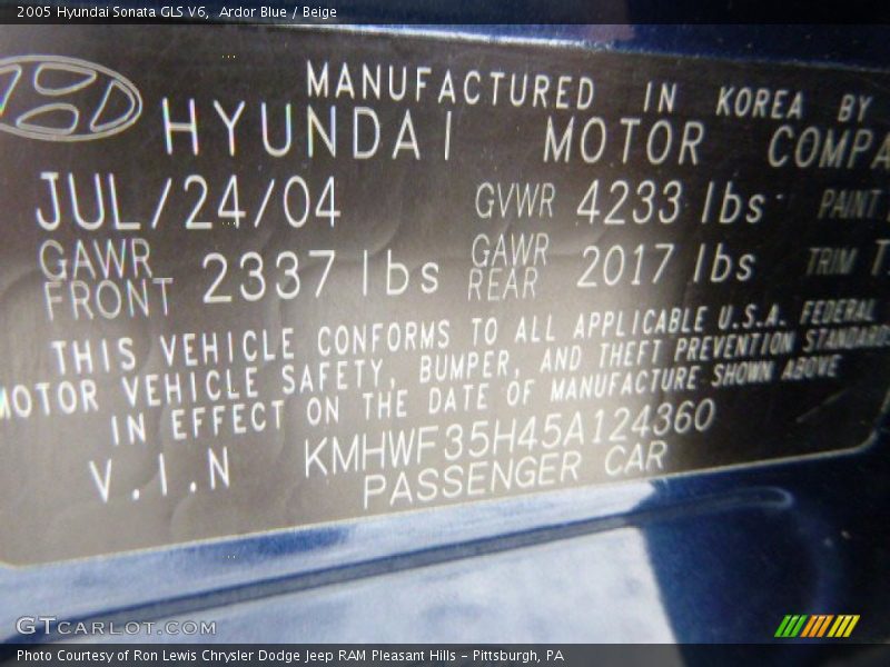 Ardor Blue / Beige 2005 Hyundai Sonata GLS V6