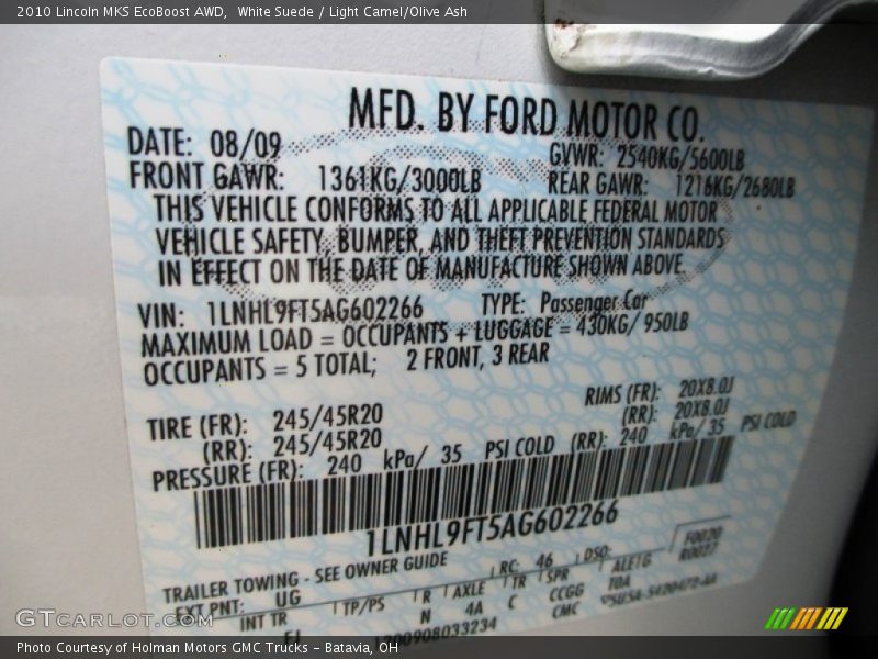 White Suede / Light Camel/Olive Ash 2010 Lincoln MKS EcoBoost AWD