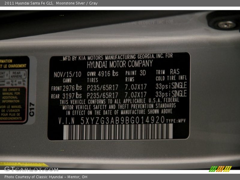 Moonstone Silver / Gray 2011 Hyundai Santa Fe GLS