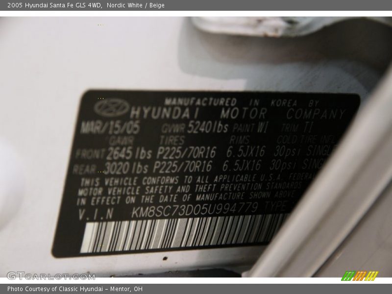 Nordic White / Beige 2005 Hyundai Santa Fe GLS 4WD