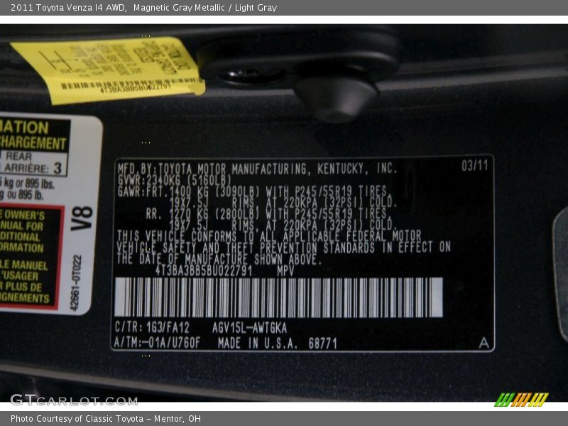 Magnetic Gray Metallic / Light Gray 2011 Toyota Venza I4 AWD