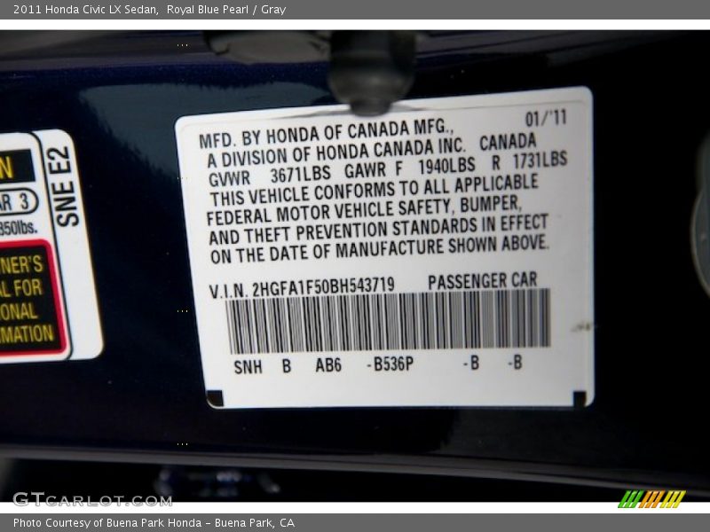 Royal Blue Pearl / Gray 2011 Honda Civic LX Sedan