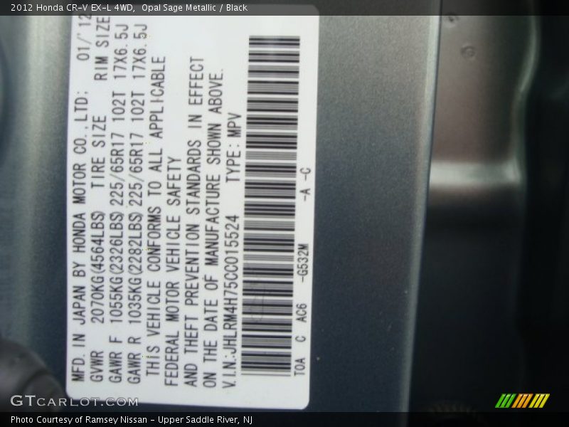 Opal Sage Metallic / Black 2012 Honda CR-V EX-L 4WD