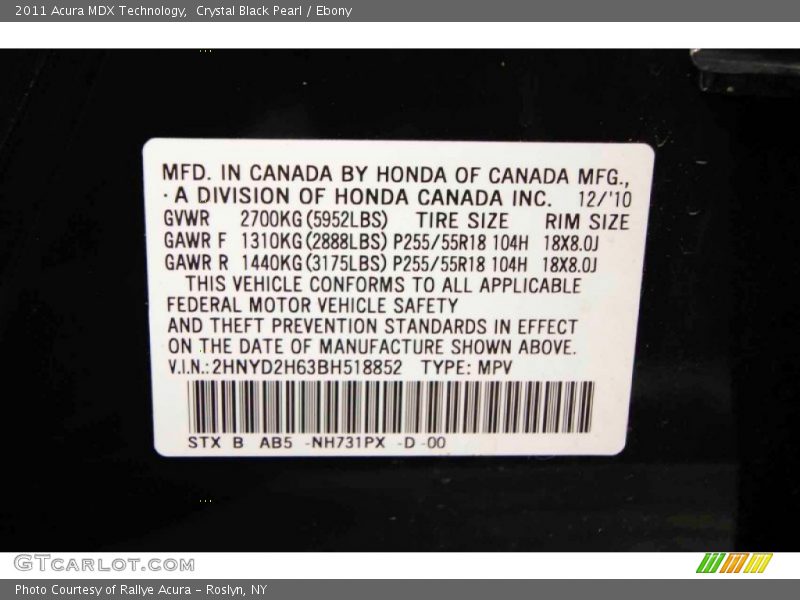 Crystal Black Pearl / Ebony 2011 Acura MDX Technology
