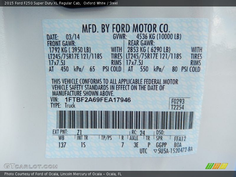 2015 F250 Super Duty XL Regular Cab Oxford White Color Code Z1