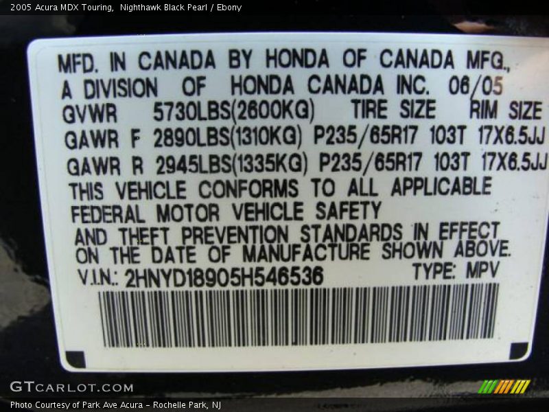 Nighthawk Black Pearl / Ebony 2005 Acura MDX Touring