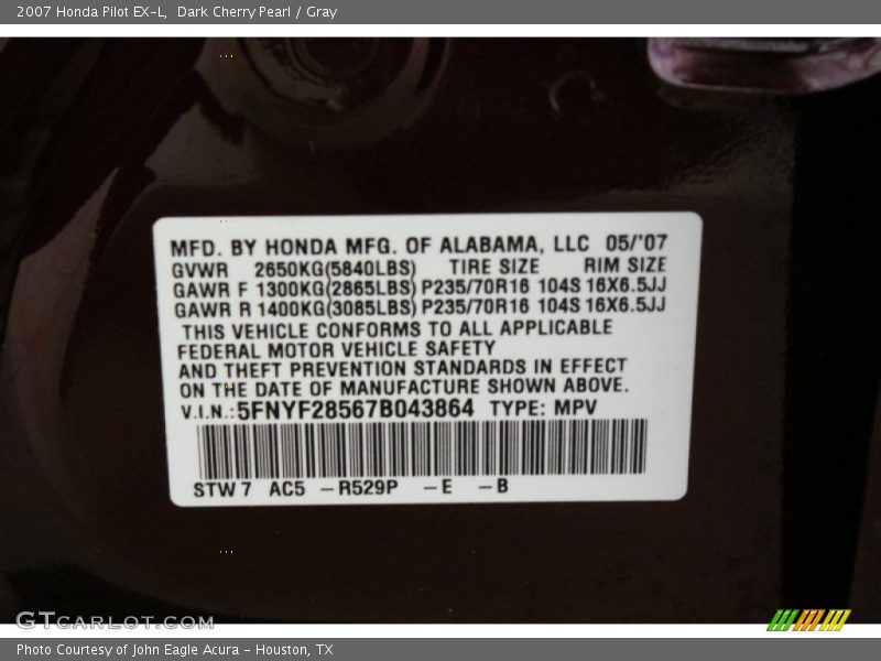 Dark Cherry Pearl / Gray 2007 Honda Pilot EX-L