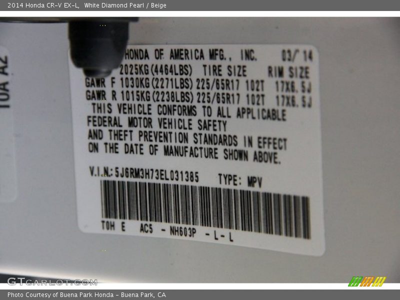 White Diamond Pearl / Beige 2014 Honda CR-V EX-L