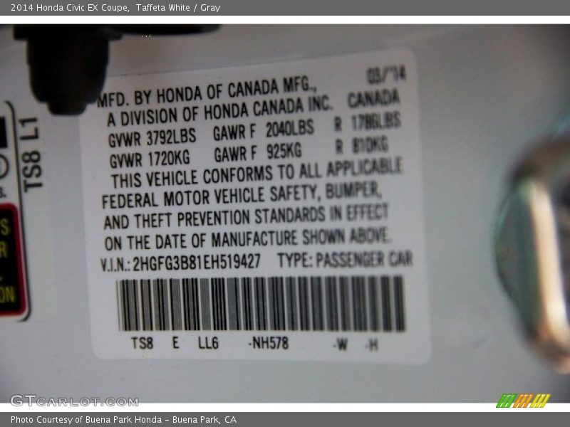 Taffeta White / Gray 2014 Honda Civic EX Coupe