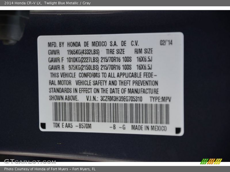 Twilight Blue Metallic / Gray 2014 Honda CR-V LX