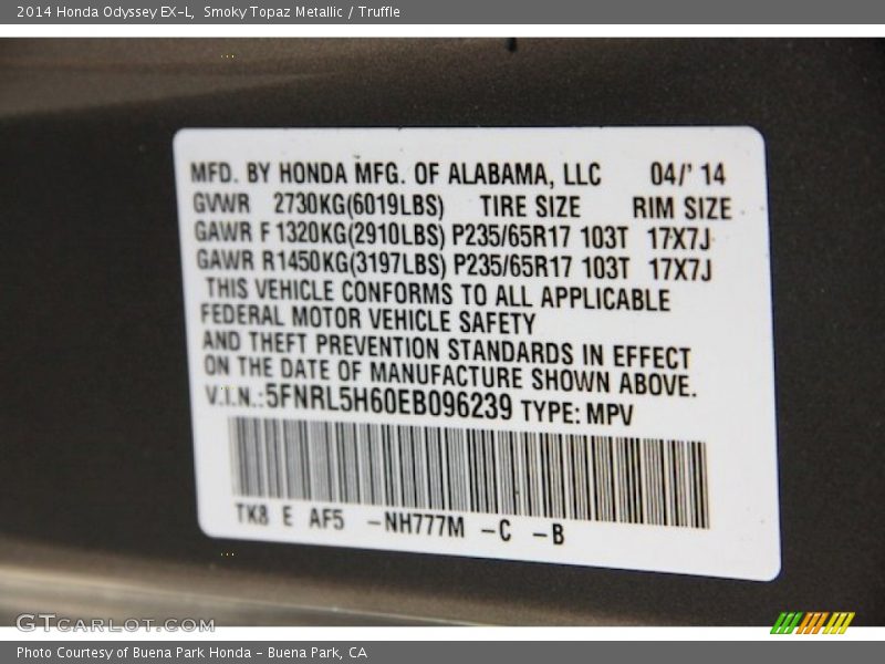 Smoky Topaz Metallic / Truffle 2014 Honda Odyssey EX-L