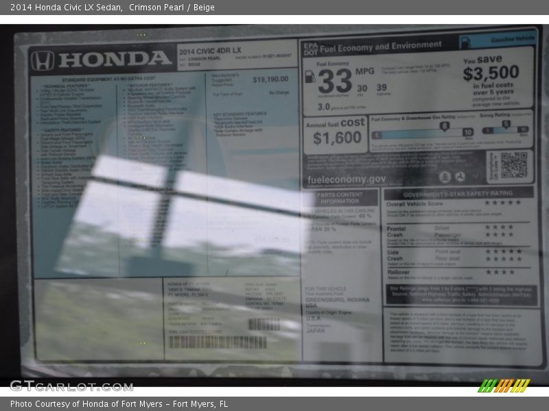 Crimson Pearl / Beige 2014 Honda Civic LX Sedan