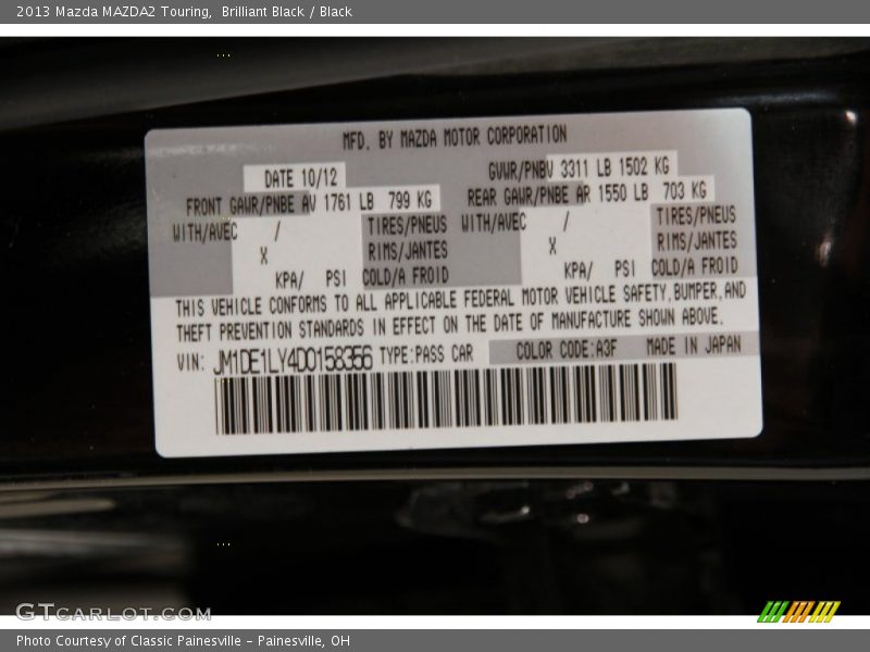 2013 MAZDA2 Touring Brilliant Black Color Code A3F