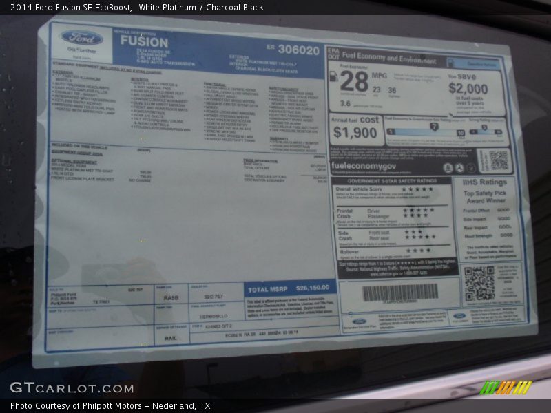 White Platinum / Charcoal Black 2014 Ford Fusion SE EcoBoost