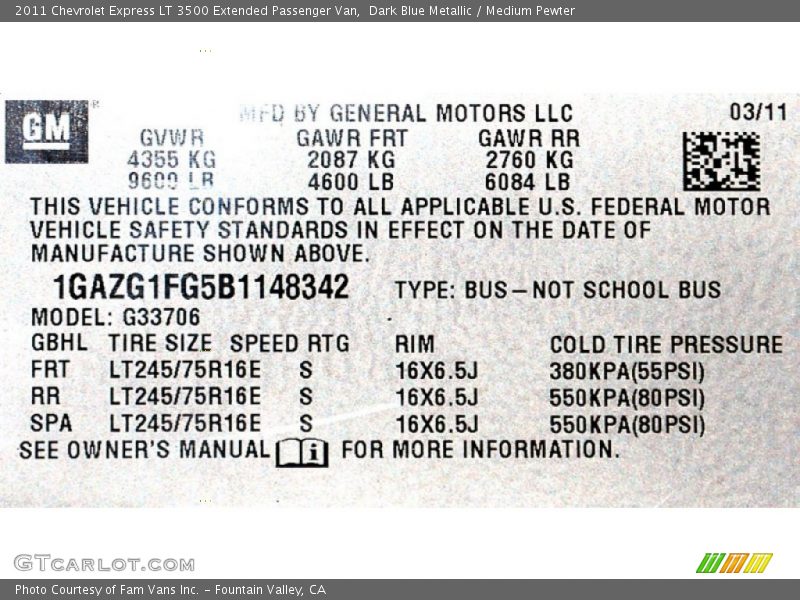 Dark Blue Metallic / Medium Pewter 2011 Chevrolet Express LT 3500 Extended Passenger Van
