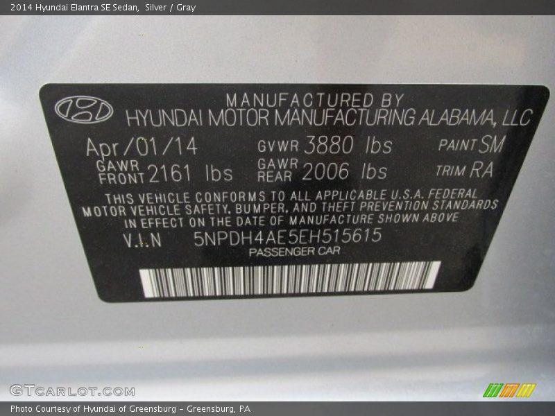 Silver / Gray 2014 Hyundai Elantra SE Sedan