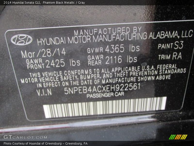 Phantom Black Metallic / Gray 2014 Hyundai Sonata GLS