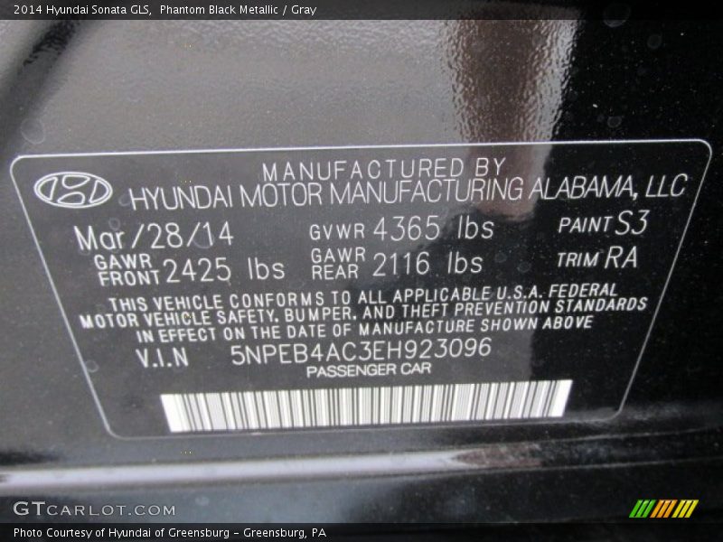 Phantom Black Metallic / Gray 2014 Hyundai Sonata GLS