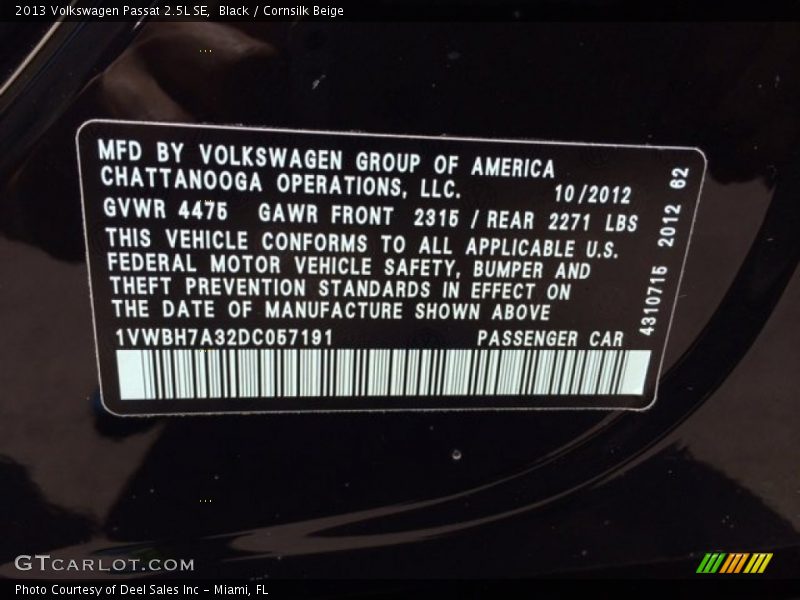 Black / Cornsilk Beige 2013 Volkswagen Passat 2.5L SE