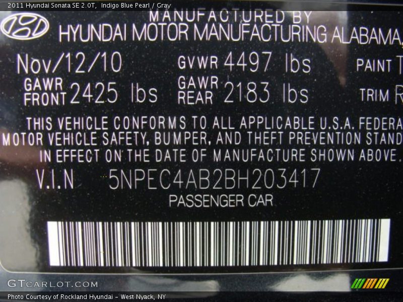 Indigo Blue Pearl / Gray 2011 Hyundai Sonata SE 2.0T
