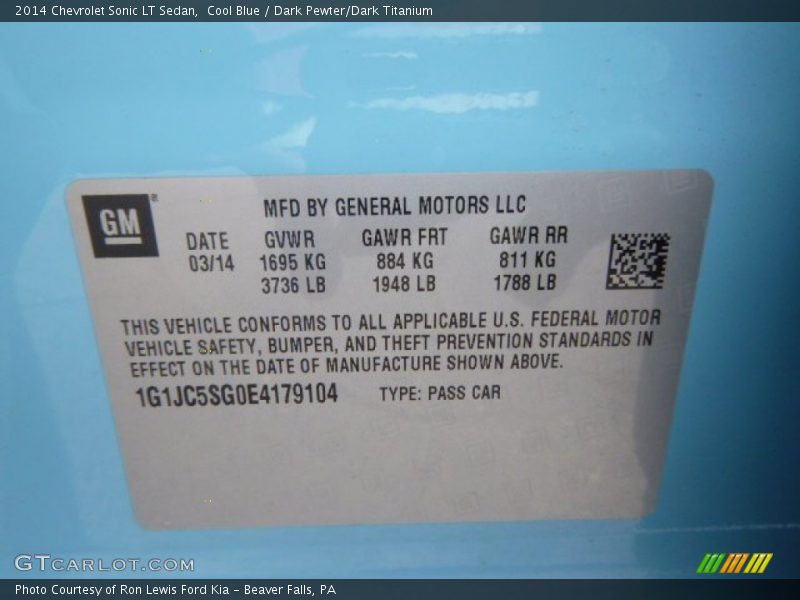Cool Blue / Dark Pewter/Dark Titanium 2014 Chevrolet Sonic LT Sedan