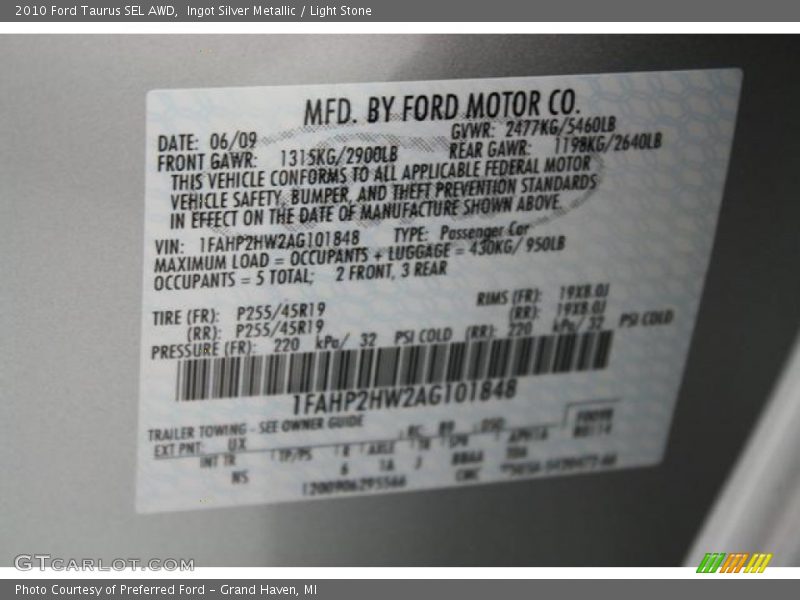 Ingot Silver Metallic / Light Stone 2010 Ford Taurus SEL AWD