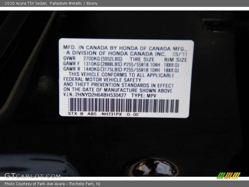 Palladium Metallic / Ebony 2010 Acura TSX Sedan