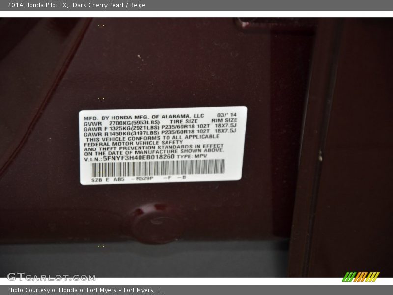 Dark Cherry Pearl / Beige 2014 Honda Pilot EX