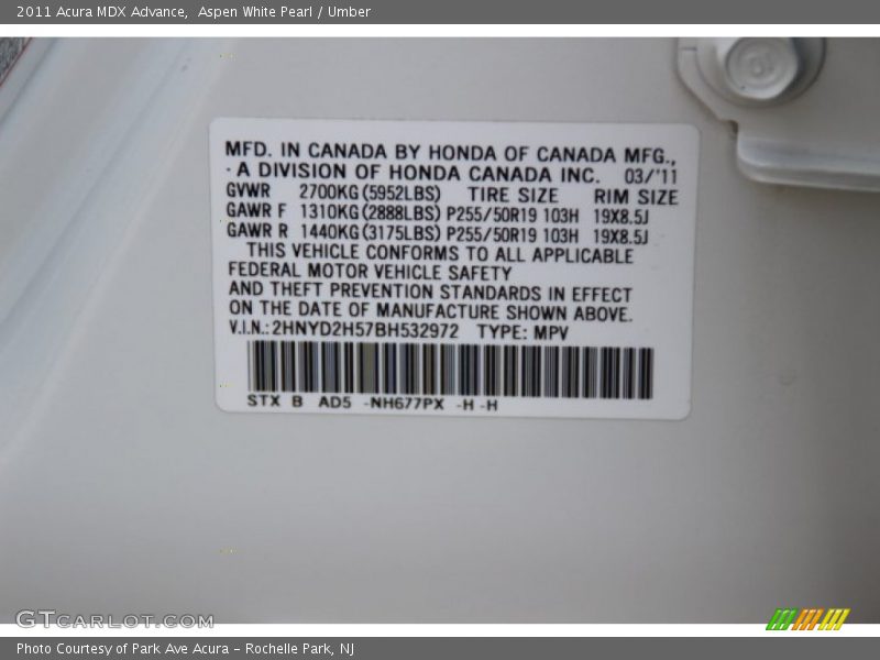 Aspen White Pearl / Umber 2011 Acura MDX Advance