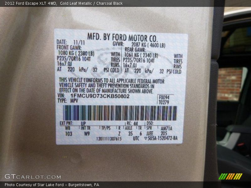 Gold Leaf Metallic / Charcoal Black 2012 Ford Escape XLT 4WD