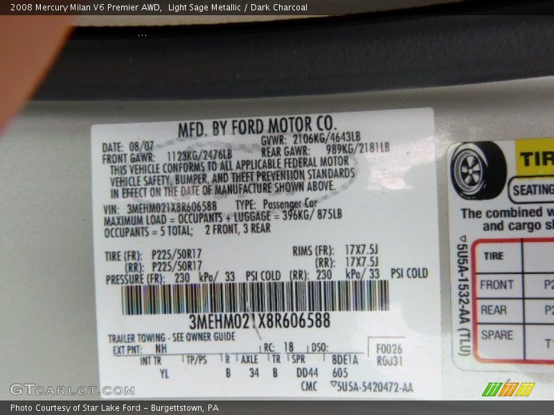 Light Sage Metallic / Dark Charcoal 2008 Mercury Milan V6 Premier AWD