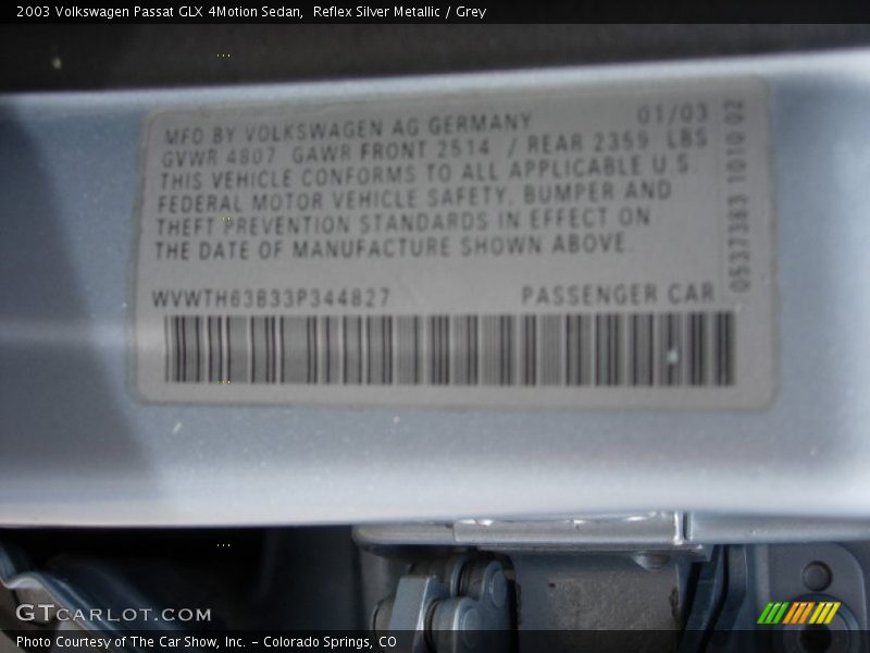 Reflex Silver Metallic / Grey 2003 Volkswagen Passat GLX 4Motion Sedan