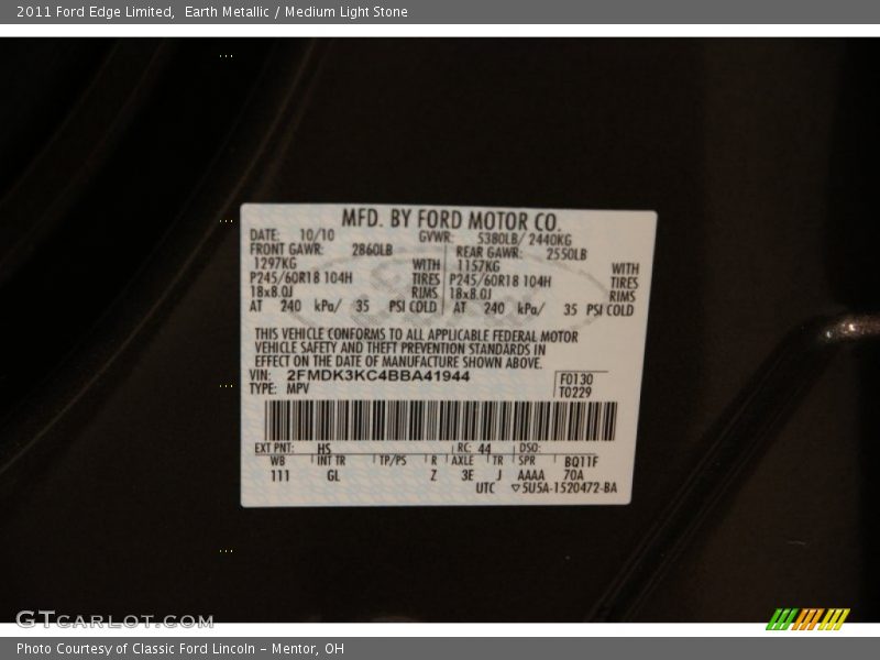 Earth Metallic / Medium Light Stone 2011 Ford Edge Limited