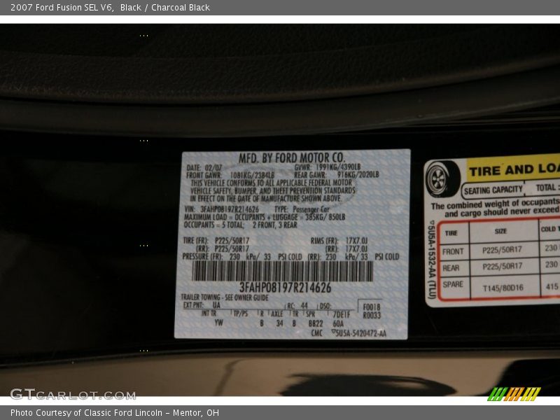 Black / Charcoal Black 2007 Ford Fusion SEL V6