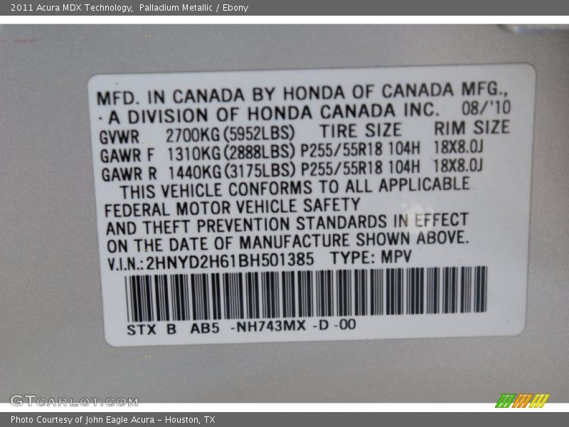 Palladium Metallic / Ebony 2011 Acura MDX Technology