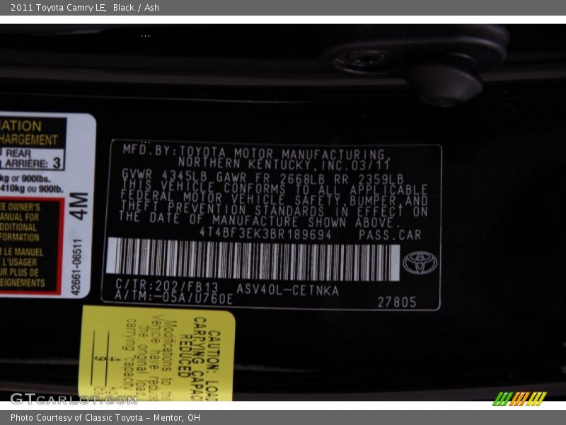 Black / Ash 2011 Toyota Camry LE