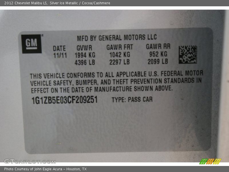 Silver Ice Metallic / Cocoa/Cashmere 2012 Chevrolet Malibu LS