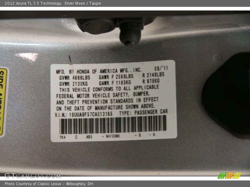 Silver Moon / Taupe 2012 Acura TL 3.5 Technology
