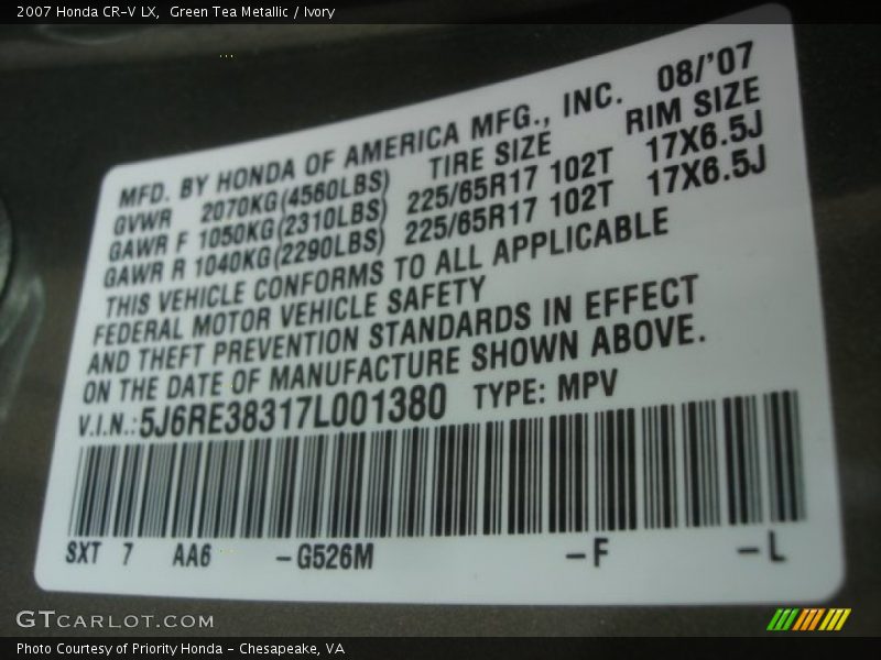 Green Tea Metallic / Ivory 2007 Honda CR-V LX