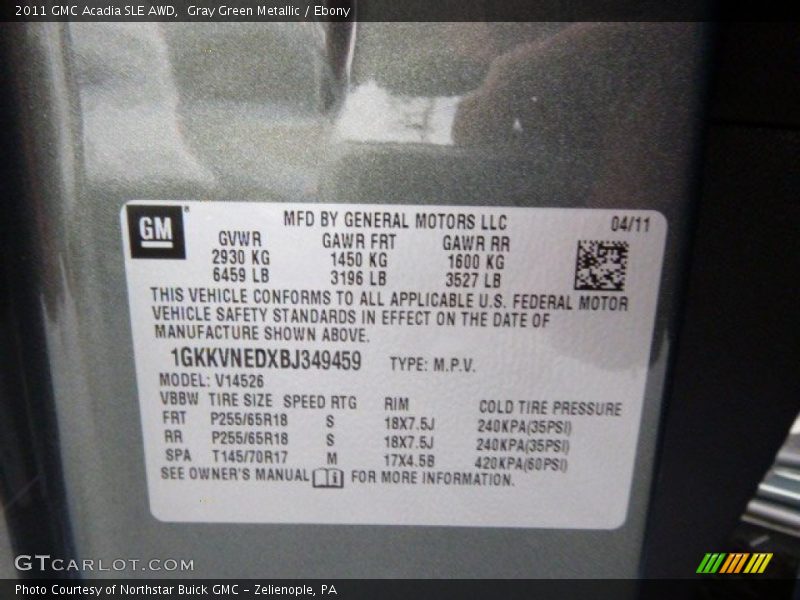 Gray Green Metallic / Ebony 2011 GMC Acadia SLE AWD