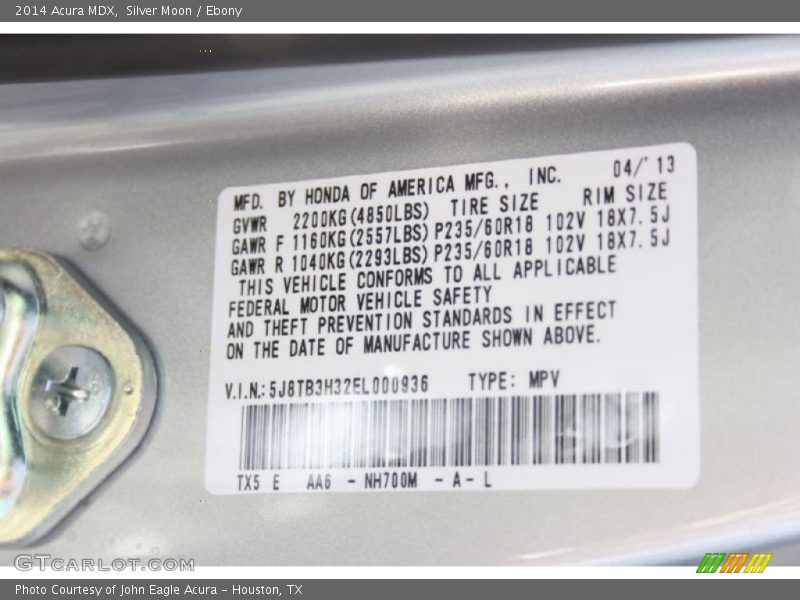 Silver Moon / Ebony 2014 Acura MDX
