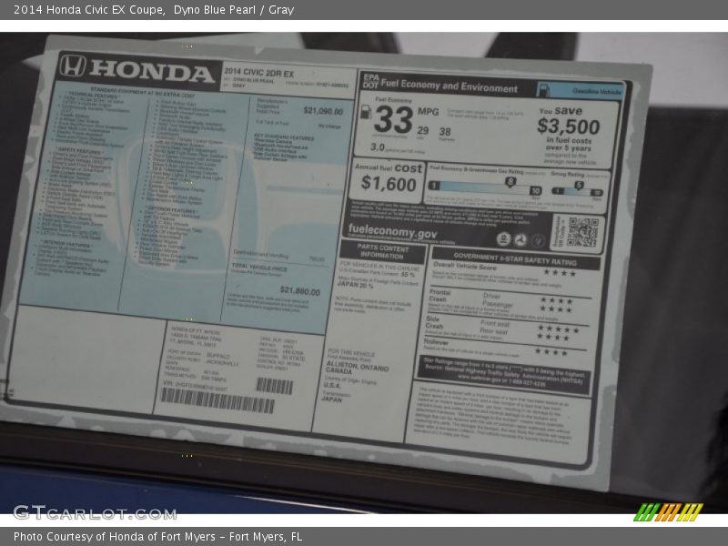 Dyno Blue Pearl / Gray 2014 Honda Civic EX Coupe