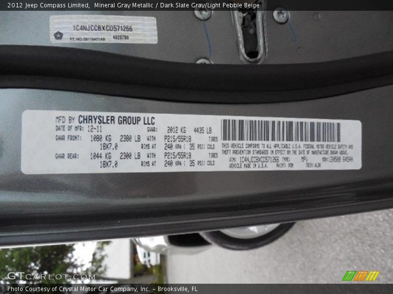 Mineral Gray Metallic / Dark Slate Gray/Light Pebble Beige 2012 Jeep Compass Limited