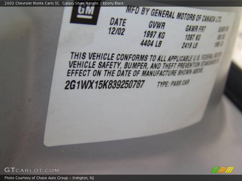 Galaxy Silver Metallic / Ebony Black 2003 Chevrolet Monte Carlo SS