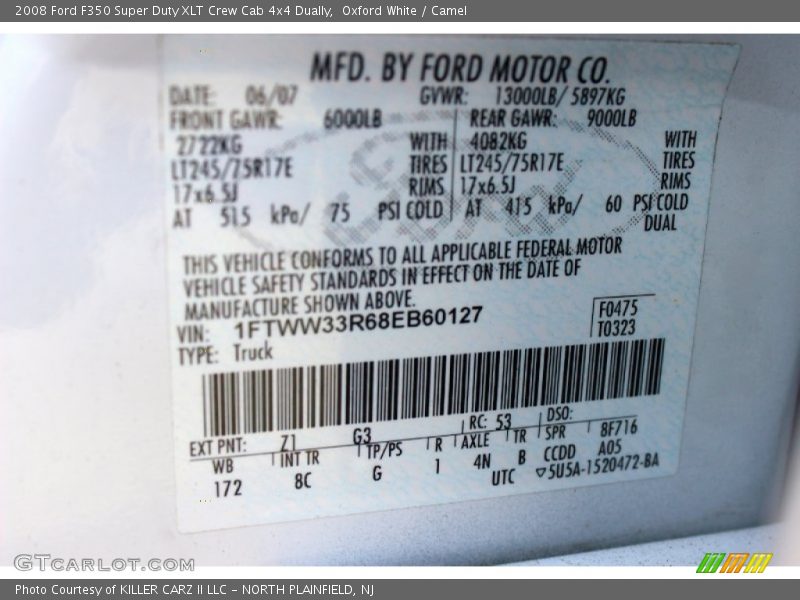 2008 F350 Super Duty XLT Crew Cab 4x4 Dually Oxford White Color Code Z1