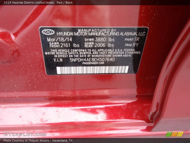 Red / Black 2014 Hyundai Elantra Limited Sedan