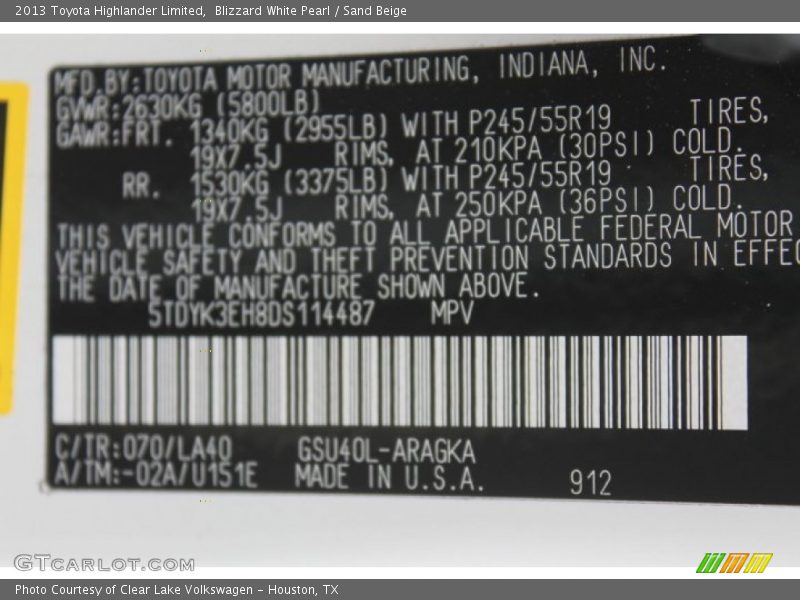 Blizzard White Pearl / Sand Beige 2013 Toyota Highlander Limited